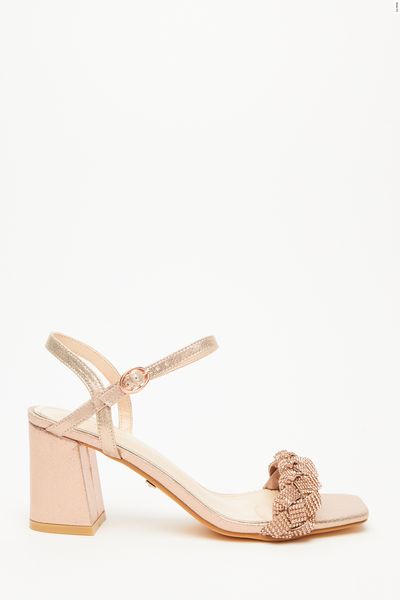 Wide Fit Rose Gold Pleated Block Heeled Sandals